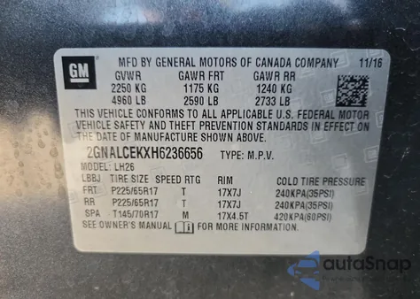 2017 Chevrolet Equinox Lt z USA, uszkodzony, nr VIN 2GNALCEKXH6236656